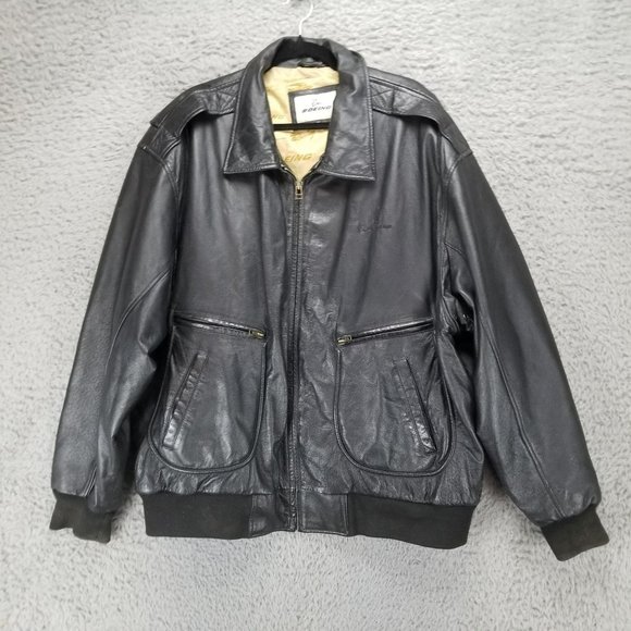 Boeing Jacket Mens 2XL Black Genuine Leather Long Sleeve Full Zip Vintage Bomber
